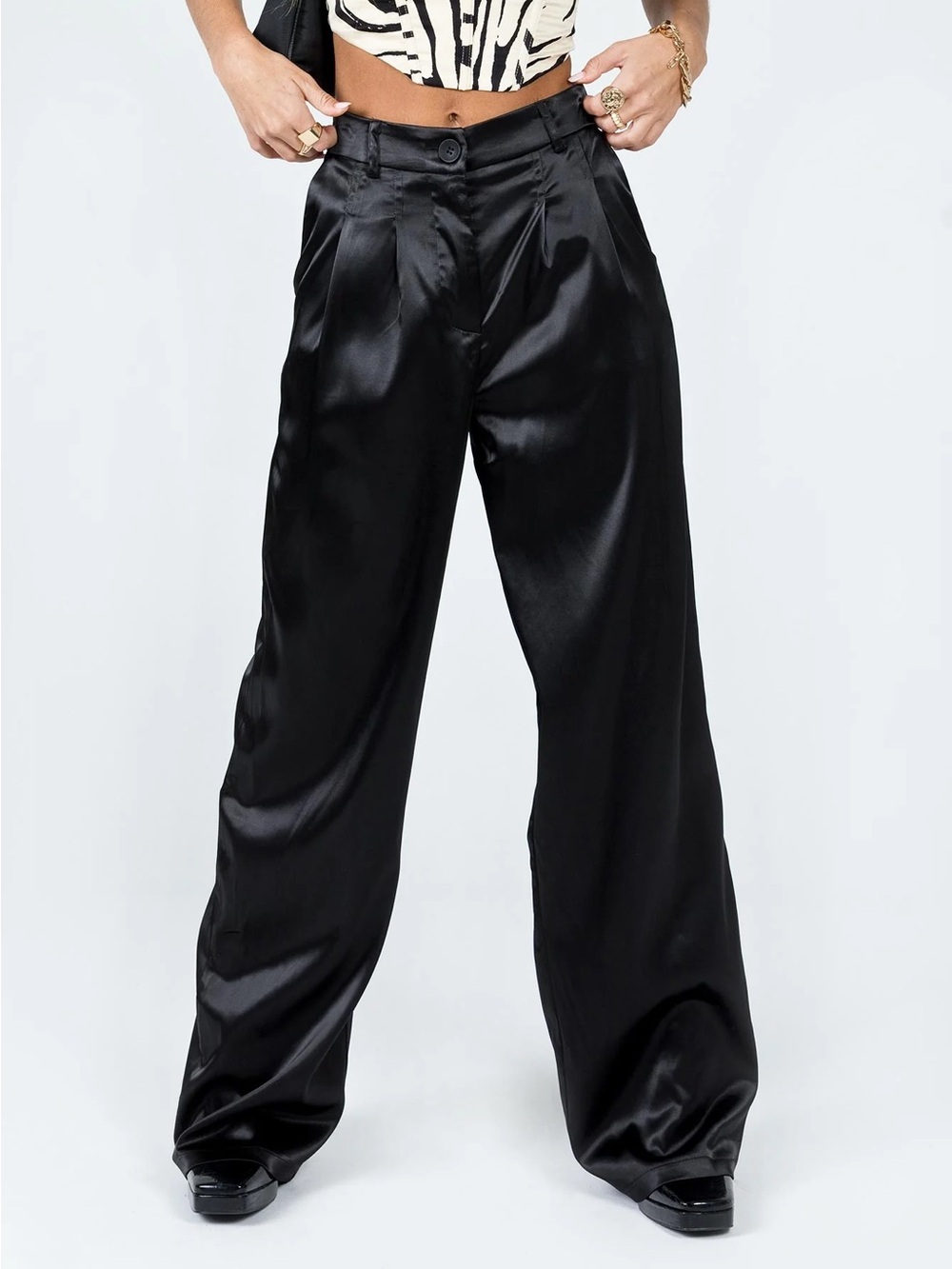 Princess Polly black pink satin high rise, wide leg, Huxley trousers in size US4